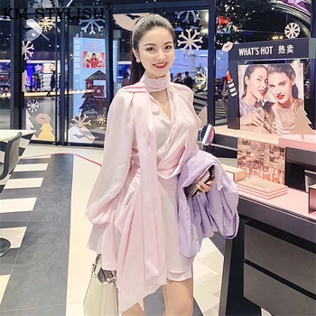 

Women's Ribbon Irregular Pink Dress Spring Clothes 2020 Holiday Premium Black Silky Satin Pleated Waist Flare Sleeve Mini Dress