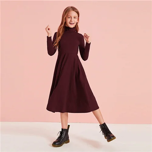 SHEIN Kiddie/однотонное повседневное расклешенное платье с высокой горловиной для детей г. Осенние платья средней длины с высокой талией и длинными рукавами трапециевидной формы для подростков - Цвет: Burgundy