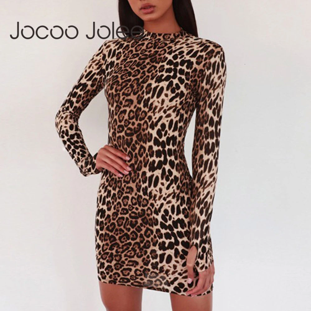 

Jocoo Jolee Women Fashion Leopard Print Bodycon Dress Autumn Winter Sexy Long Sleeve Tight Mini Dress Casual Club Bandage Dress