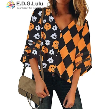 

EDGLuLu women tops 2019 summer pumpkin print patchwork tops plus size ladies print tops fashion v-neck casual loose shirt