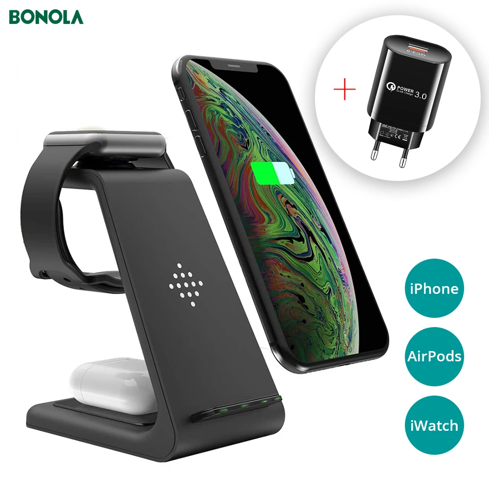 Беспроводная зарядная подставка Bonola Qi 3 в 1 для iPhone11/XR/Xs/AirPods3/iWatch5 быстрая зарядка