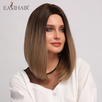 

EASIHAIR Hairline Part Lace Wigs Ombre Brown Women Middle Part Synthetic Wig Heat Resistant Natural Hair Wig