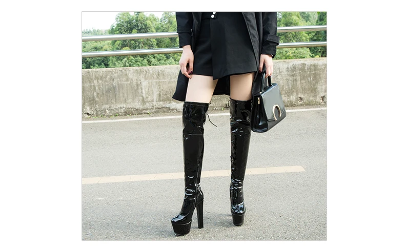 Oversized Ultra-High Thick-Heeled Patent Leather Women's Over-The-Knee Boots Waterproof Platform Flock Long-Tube Elastic Boots