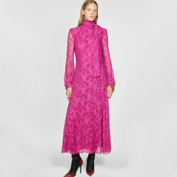 

Stand Collar Slim Dresses Women Fashion Bow Lace Lined Dress Women Elegant Loose Ankle Length Dresses Female Ladies JV