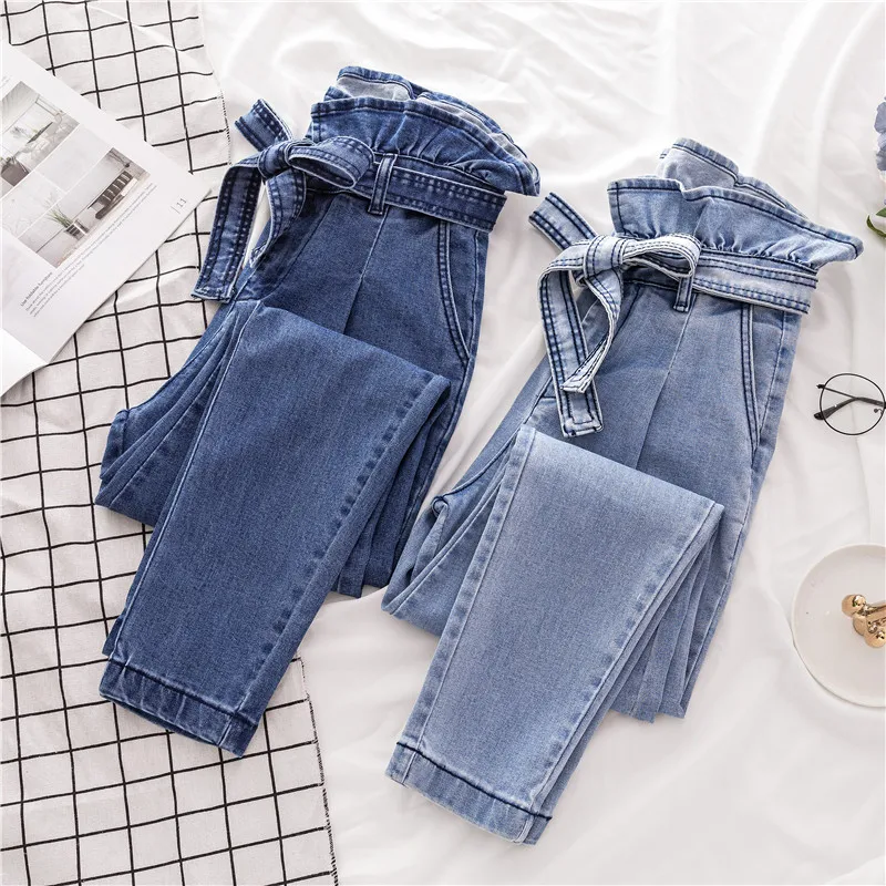 

Plus Size Women Pants Solid Color High Waist Ankle-length Jeans Straight Lace Up Loose Trousers Korean Fashion New