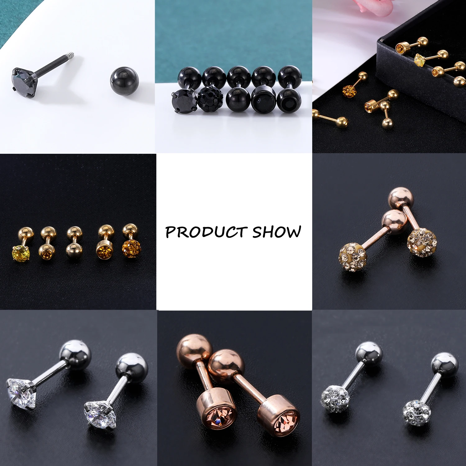 ZS 5 pair/lot Women Rose Gold Plated Ball Cartilage Studs Earrings Set CZ Female Stainless Steel Shinning Crystal Earring Studs