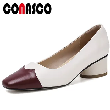 

CONASCO Brand Design Women Pumps Genuine Leather Spring Summer New Concise Casual Shallow Square Toe Thick Heeled Shoes Woman