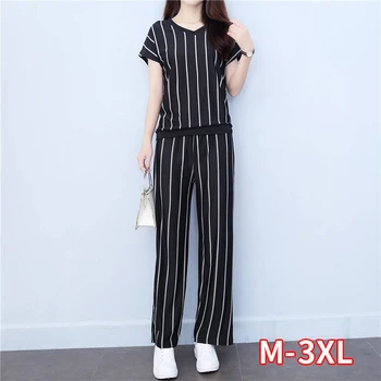 

Wide-leg Pants Suit Women Summer Fashion New Temperament Mother Dress Striped Summer Casual Two-piece Suit Was Thin