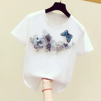 

2020 summer new embroidery women t-shirts o-neck short-sleeved white lady elegant pulls tops tees top quality