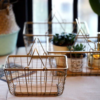 

Metal Iron Storage Basket With Wood Nordic Elegant Double Handle Net Sundries Food Basket Storage Desk Home Organizer Decor