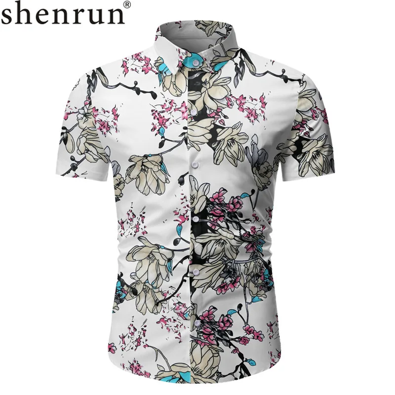 Shenrun Men Shirts Spring Summer Short Sleeve Casual Beach Shirt New Fashion Hawaiian Flower Pattern Daily Life Work White Blue | Мужская