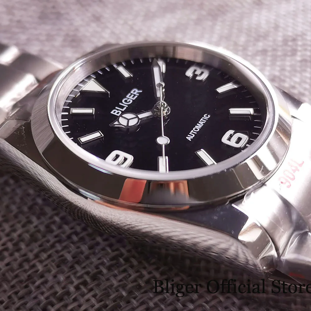 BLIGER 36mm Polished Automatic Men Watch Brushed Oyster Bracelet NH35A MIYOTA 8215 Movement Sapphire Crystal Green Luminous Dial