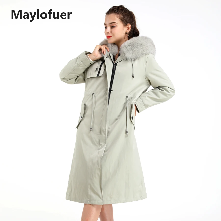 Maylofuer Настоящий мех кролика теплая парка классический стиль для женщин натуральный мех пальто с капюшоном зимние меховые парки с полиэстеровой подкладкой