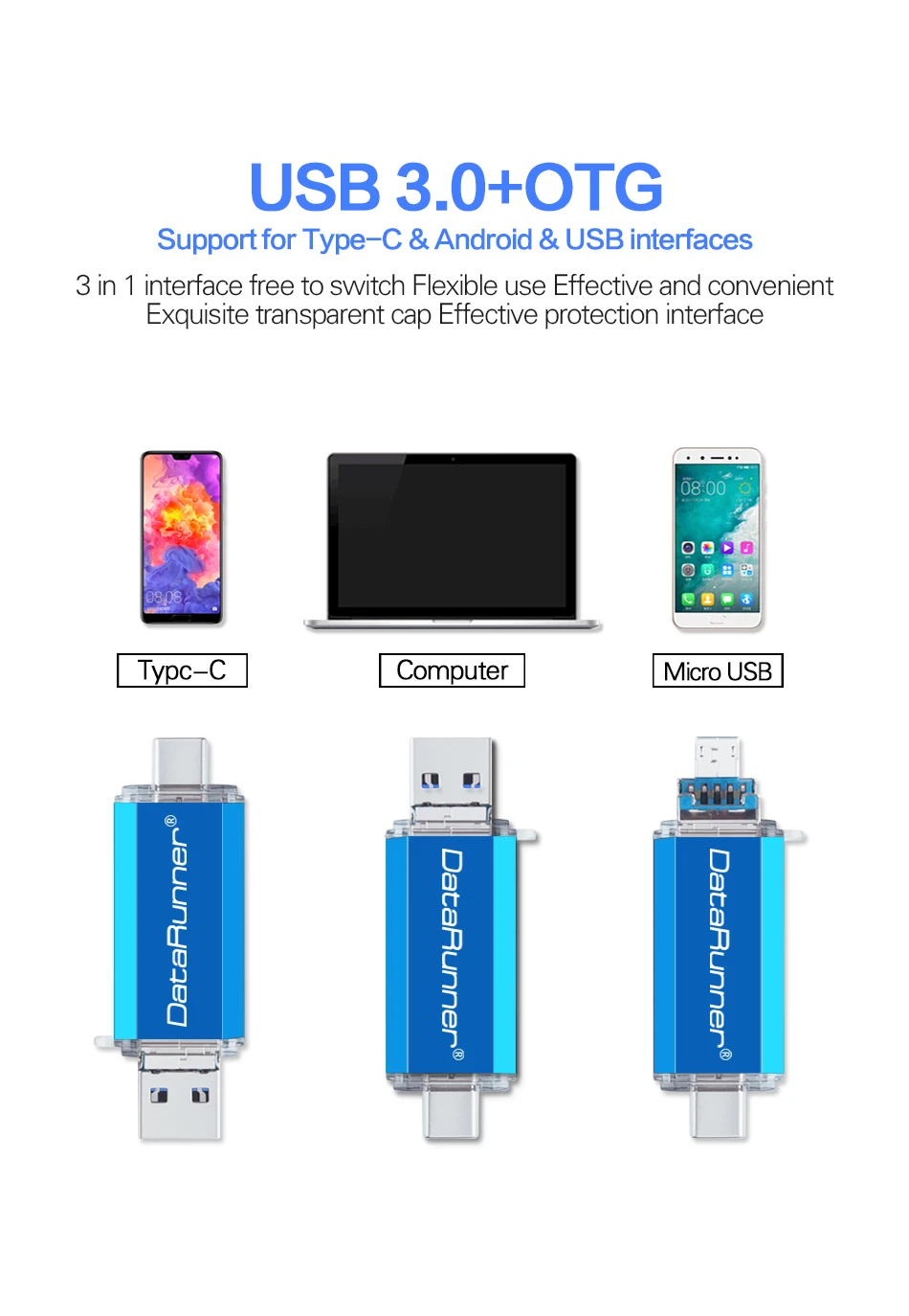 DataRunner OTG 3 в 1 USB флеш-накопитель USB3.0& type-C& Micro USB флеш-накопитель 32 Гб 64 Гб 128 ГБ 256 ГБ 512 ГБ Флешка для смартфона