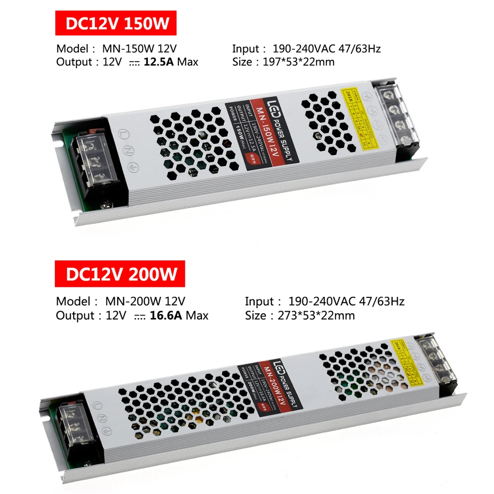 Ультратонкий импульсный источник Питание DC 12V LED трансформаторы 60W 100W 150W 200W 300W AC190-240V драйвер для Светодиодный полоски