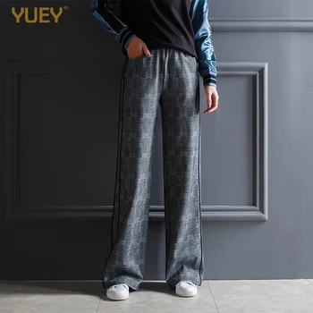 

Women's Casual Elastic Waist Loose Plaid Straight Pants Female High Waist Wide Leg Comfortable Trousers For Spring Autumn