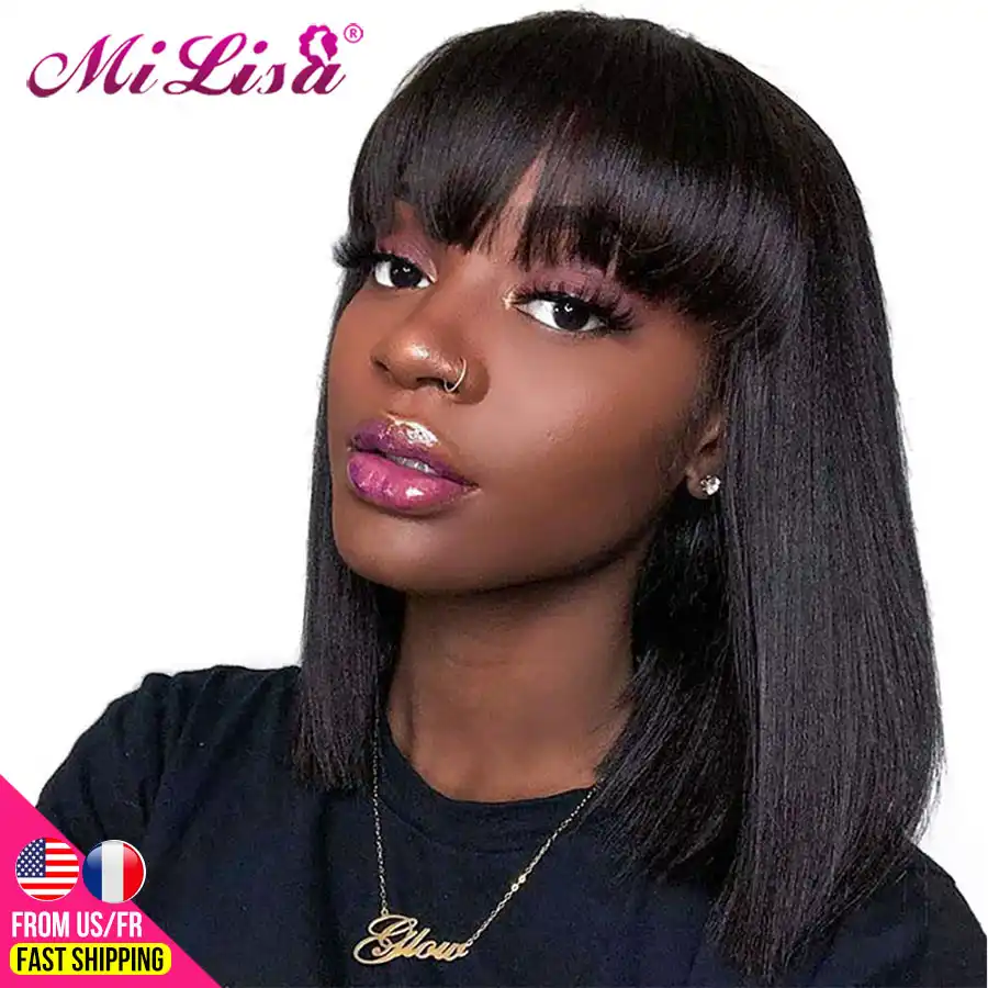 Pelucas De Cabello Humano Liso De Bob Corto Con Flequillo Pelo 100 Remy Peluca Recta Brasilena Pelucas De Cabello Natural Y Transpirable Baratas Por Encima De Los Hombros Para Mujer Cierre De La