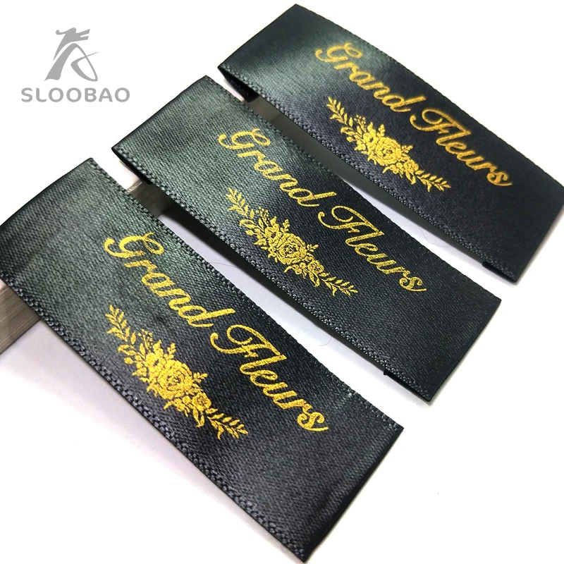 Silk screen ribbon label clothing trademarks washed mark Black material printed gold clothing labels twill labels