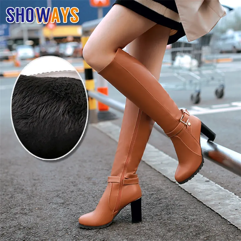 

Winter Women Knee High Boots Black Brown PU Round Toe Block Chunky Heels Party Office Ladies Fur Zipper Buckle Long Riding Boots