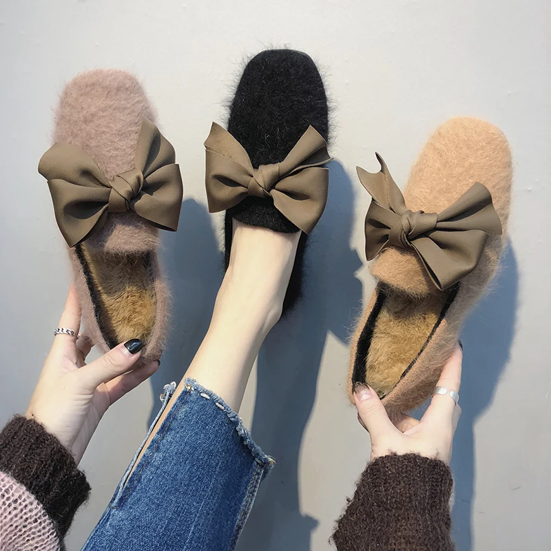 

Winter Ladies Mink Fur Flat Shoes Warm Fur Shoes Women Flats Bowknot Moccasins Outside Loafers Espadrilles Zapatos Mujer W36-38