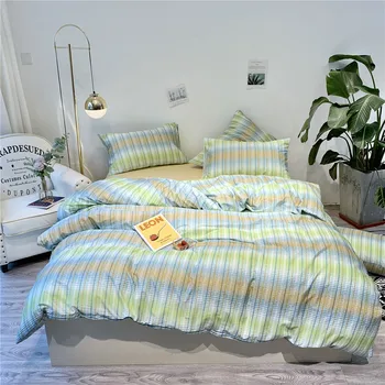 

3/4pcs Gradient Color Bedding Set Children Adult Single Bed Sheet Green Plaid Stripes Duvet Cover Pillow Sham Queen Full Linens
