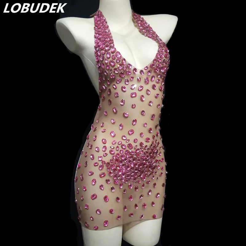 

Big Rhinestone Transparent Pink Mesh Bonycon Mini Dress Women Bar Club Party Sexy Backless Outfit Nightclub Stage Singer Costume