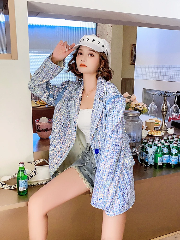 

2020 Autumn and Winter Women Long Sequined Patch Design Blazers