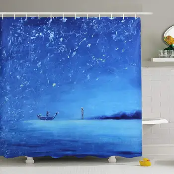 

Shower Curtain Set with Hooks 66x72 Outdoor Impasto Water Original Oil Canvas Painting Person Ocean Night Fishing Knife Lake On