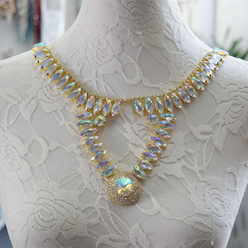 

1piece rhinestone crystal AB bridal wedding dress neckline trim appliques gold plating strass sewing decorations for women