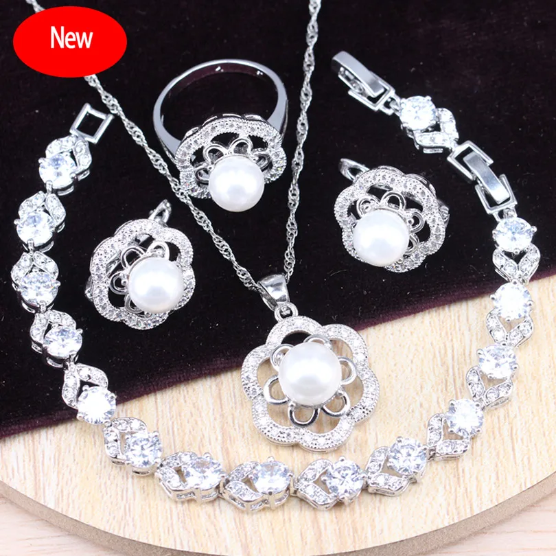 

925 Sterling Silver Jewelry Sets Rose White Pearl Necklace Hoop Earrings For Women Ring Bracelets Wedding Gift