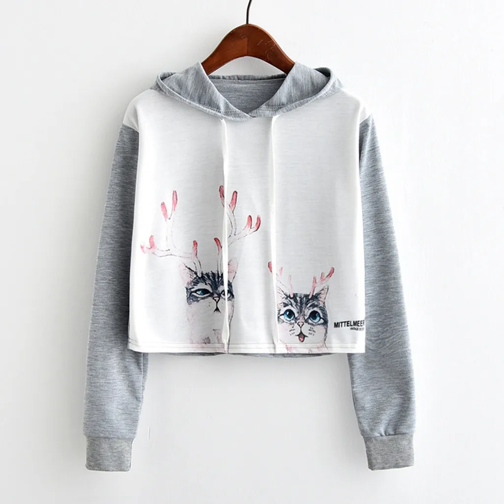 

Hoodies sweatshirt Women O-neck Cat Pattern long sleeve crop top Drawstring Pullovers new arrival short overcoat sudadera mujer