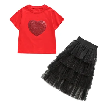 

Summer Kids Girls Clothing Set Short Sleeve T-shirt+Cake Skirt 2PCS Children Clothes Suit Age For 3 4 6 8 10 12 Years Teenage