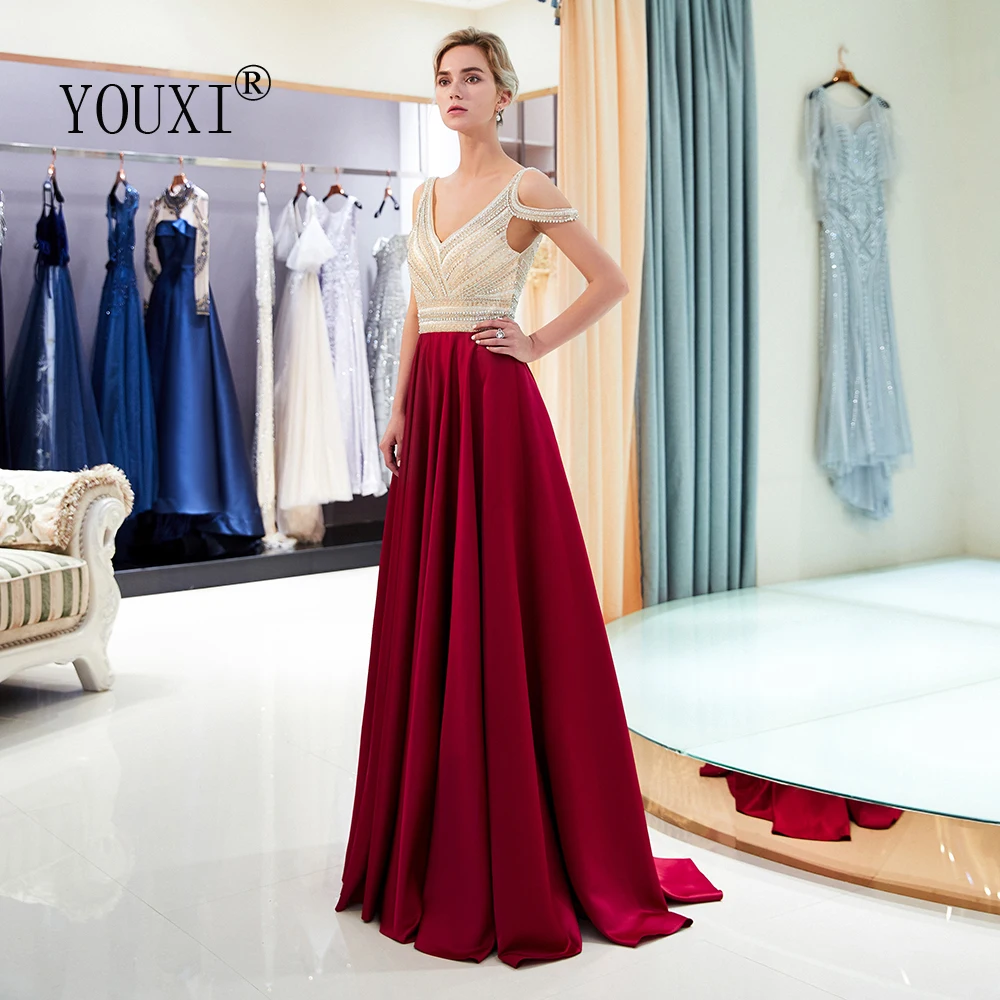 Robe De Soiree YOUXI сексуальные платья с v-образным вырезом бордового цвета из сатина с бусинами и кристаллами трапециевидные Вечерние платья Длинные Abendkleider