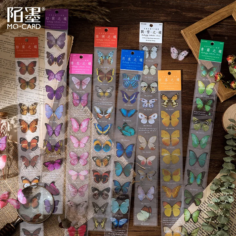 Serie coleccionista de mariposas, Washi adhesivos de cinta adhesiva, álbum de recortes de flores, papelería, cinta decorativa larga
