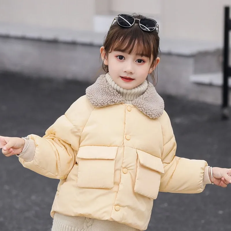 Однотонный пуховик для девочек, зимняя куртка с меховым воротником и отворотом для девочек, модная одежда для маленьких мальчиков, корейское зимнее пальто для девочек - Цвет: Бежевый