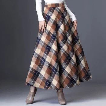 

Plus Size New Autumn Winter A-Line Maxi Skirt Women Elegant Plaid Elastic Waist Long Woolen Skirt Female Vintage Umbrella Skirt