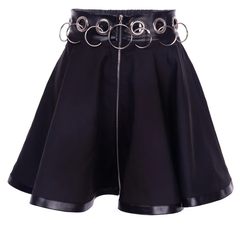 Black Cool Punk Women PU Patchwork Skirts 2020 Lolita Lady High Waist Eyelet Iron Ring Gothic Hipster Zipper Goth Pleated Skirt