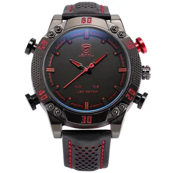 

Kitefin Shark Sport Watch Black Yellow Dial 3ATM Waterproof LED Quartz Digital Leather Band Dual Time Men Military Watches/SH263