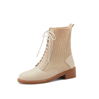 

2020 Genuine Leather knitting Women's Ankle Boots lace up Round Toe Thick low Heels Pumps Autumn Working Party Shoes Woman