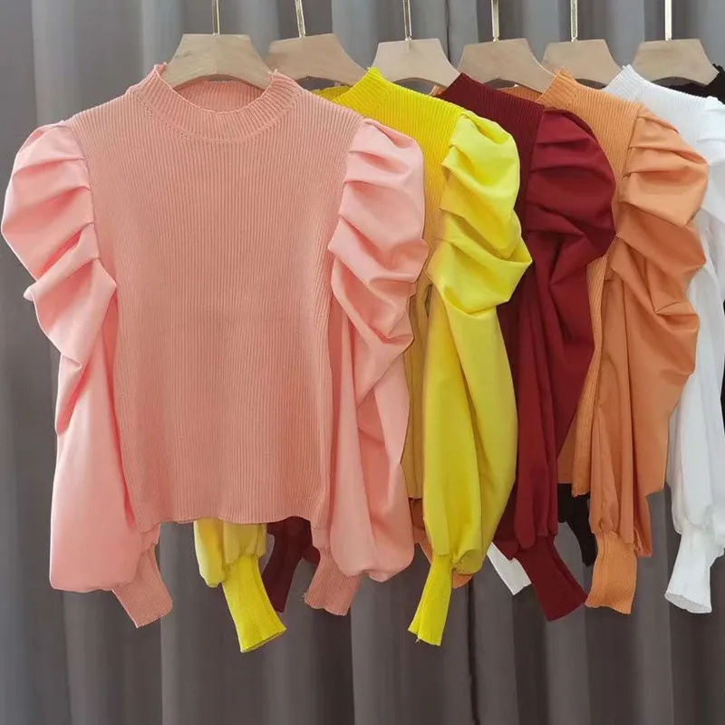2020 Autumn Women Solid Sweater Cropped Pullover Crop Top Patchwork Chiffon Puff Sleeve Sweaters Pullovers For Female | Женская одежда