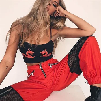 

WEPBEL Women Pants Clothing Mesh Patchwork Lady Red Black Trousers Loose High Waist Zipper