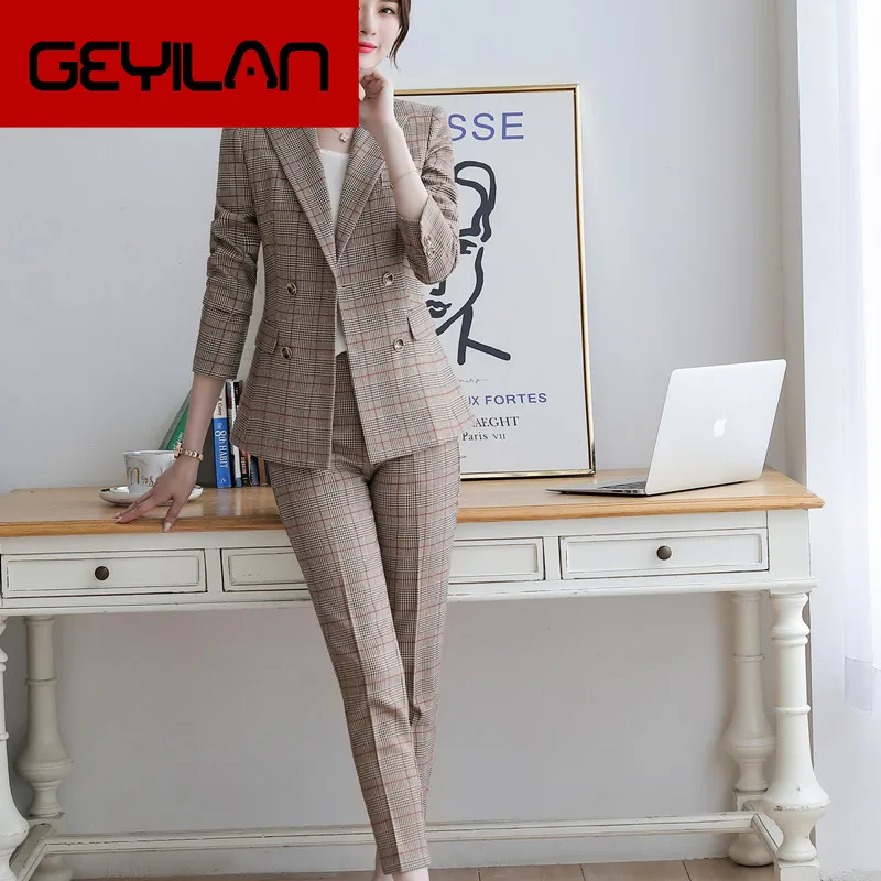 

Women's suit 2019 autumn and winter new fashion casual temperament Slim plaid single buckle small suit trousers two-piece
