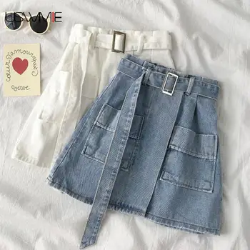 

Free Shipping Summer Skirts Womens Fashion Leisure Comfort Belt Free Denim Fashion Casual Solid Color Pockets Cowboy Sexy Skirt