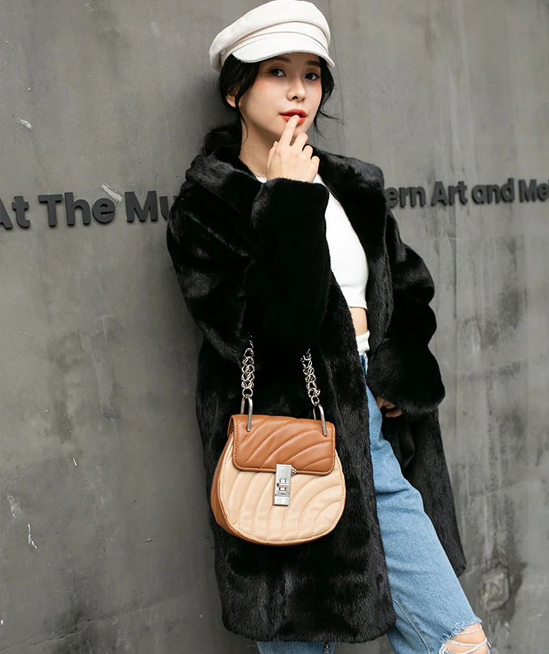 Ftangaiur Winter Import Velvet Mink Fur Coat With Fur Hood Full Pelt Natural Fur Coat Women's Medium Real Mink Fur Coats