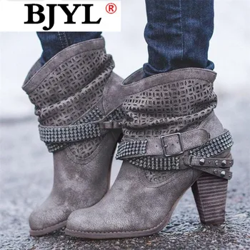 

2020 Buckle Strap Boots Women Winter Retro PU Leather Shiny Rivets Square Heel Ankle Boots Winter Shoes Women Botines Mujer