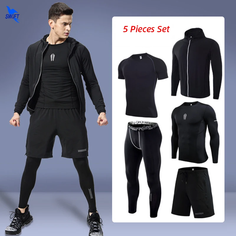 

5 Pcs/Set Men's Tracksuit Gym Fitness Compression Sports Suit Quick Dry Running Jogging Sports Wear Exercise Workout Clothing