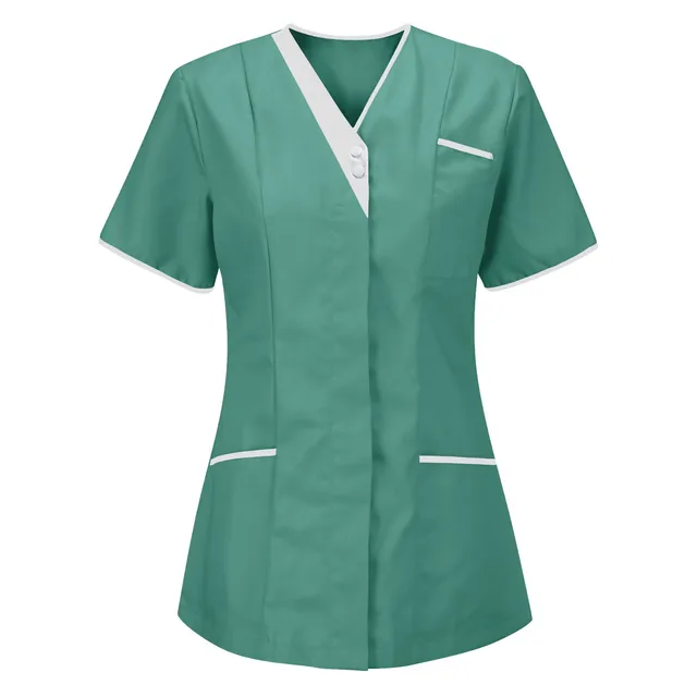 Healthcare Nurse Tunic Women Solid Pocket Scrub Tops Short Sleeve Blouse Beauty Salon Overalls Medical Dental VET Carer Uniforms MG
