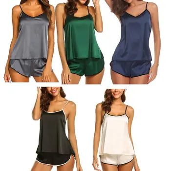 

Women Ice Silk Sleeveless Pajamas Set Sexy V-Neck Tank Top Slit Shorts Sleepwear