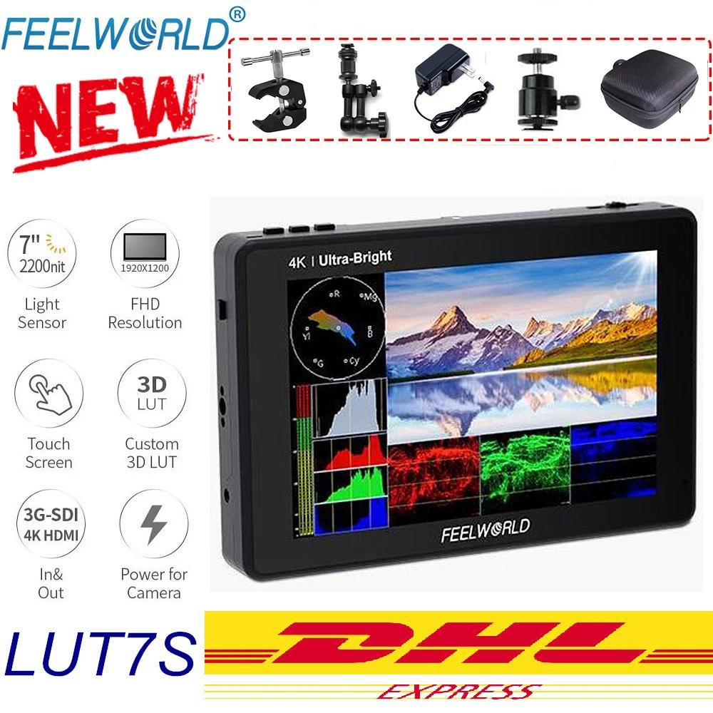 US $369.99 FEELWORLD LUT7S 7 Inch 2200nits 3G SDI 4K HDMI Touch Screen 3D LUT Field Monitor Full HD 1920x1200 IPS Monitor For DSLR Cameras