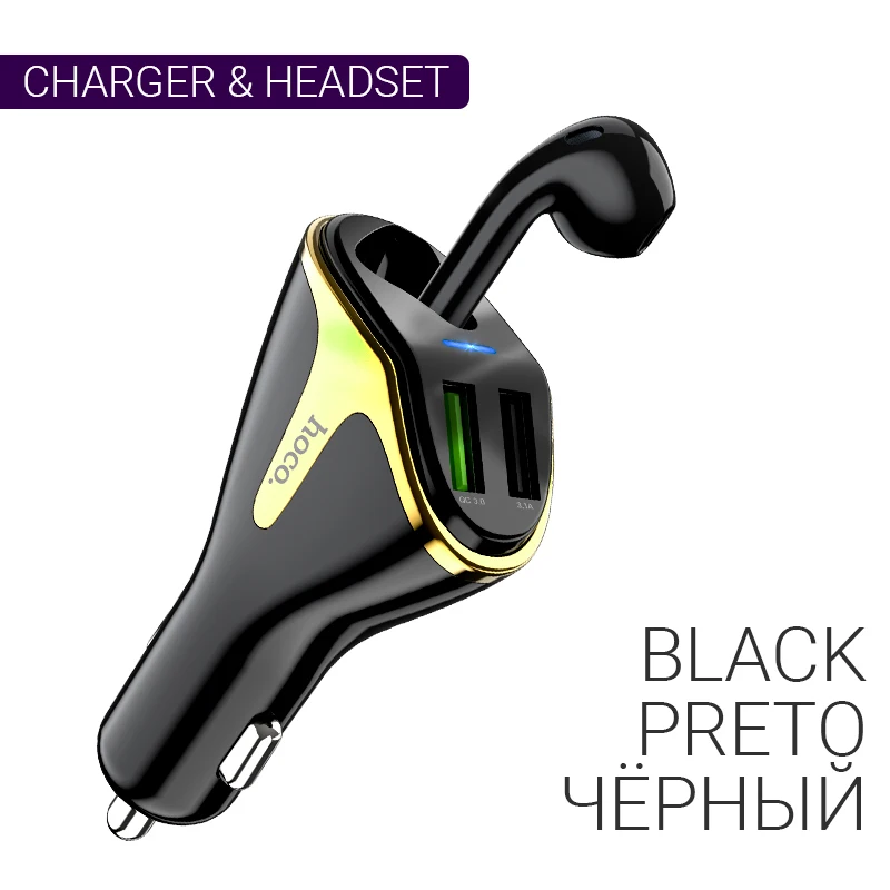 White Hoco 2in1 Car Charger Earphone Fast Charging QC3.0 Charger Dual USB Car Adapter with Bluetooth V5.0 Hands Free Wireless Headset Traveller with Mic for Android and iOS Devices /¡/